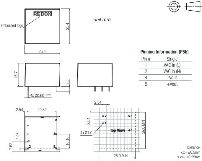 Mechanical Drawing - RECOM Power RACM06E-K/277 AC/DC Power Supplies